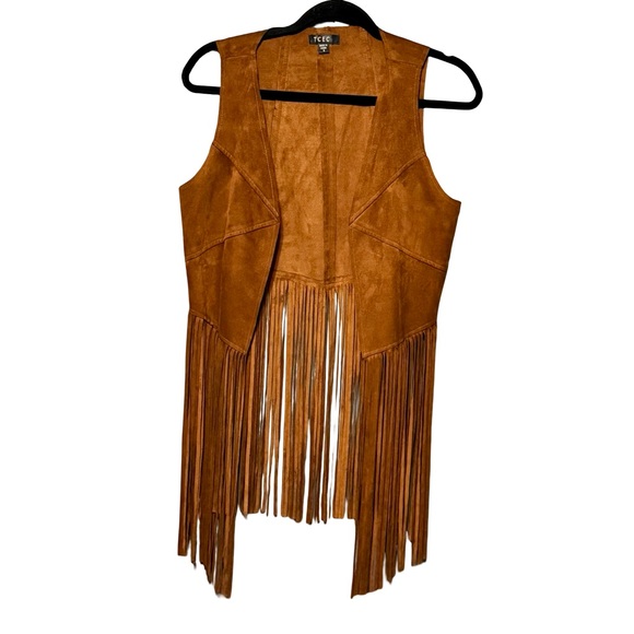 TCEC Jackets & Blazers - TCEC Faux Suede Brown Tan Fringe Western Festival Sleeveless Open Front Vest